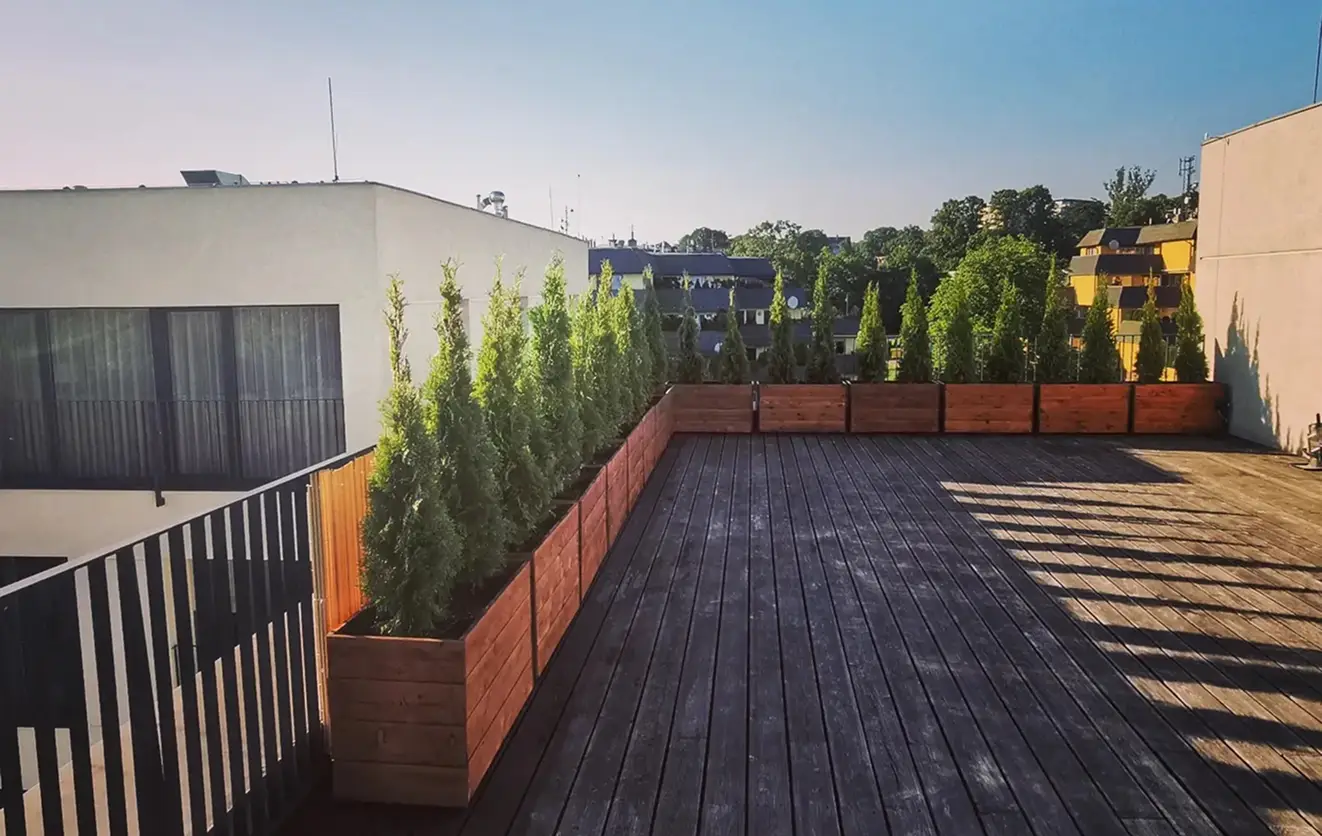 Terasa s dřevěnými vyvýšenými záhony a výsadbou thují pro soukromí